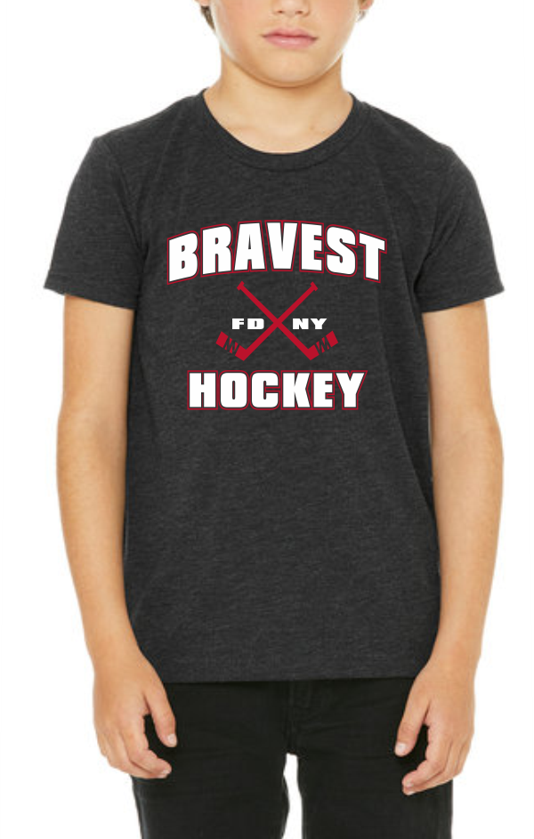 FDNY Youth Crossed Hockey Sticks Gray T-Shirt - red & white logo