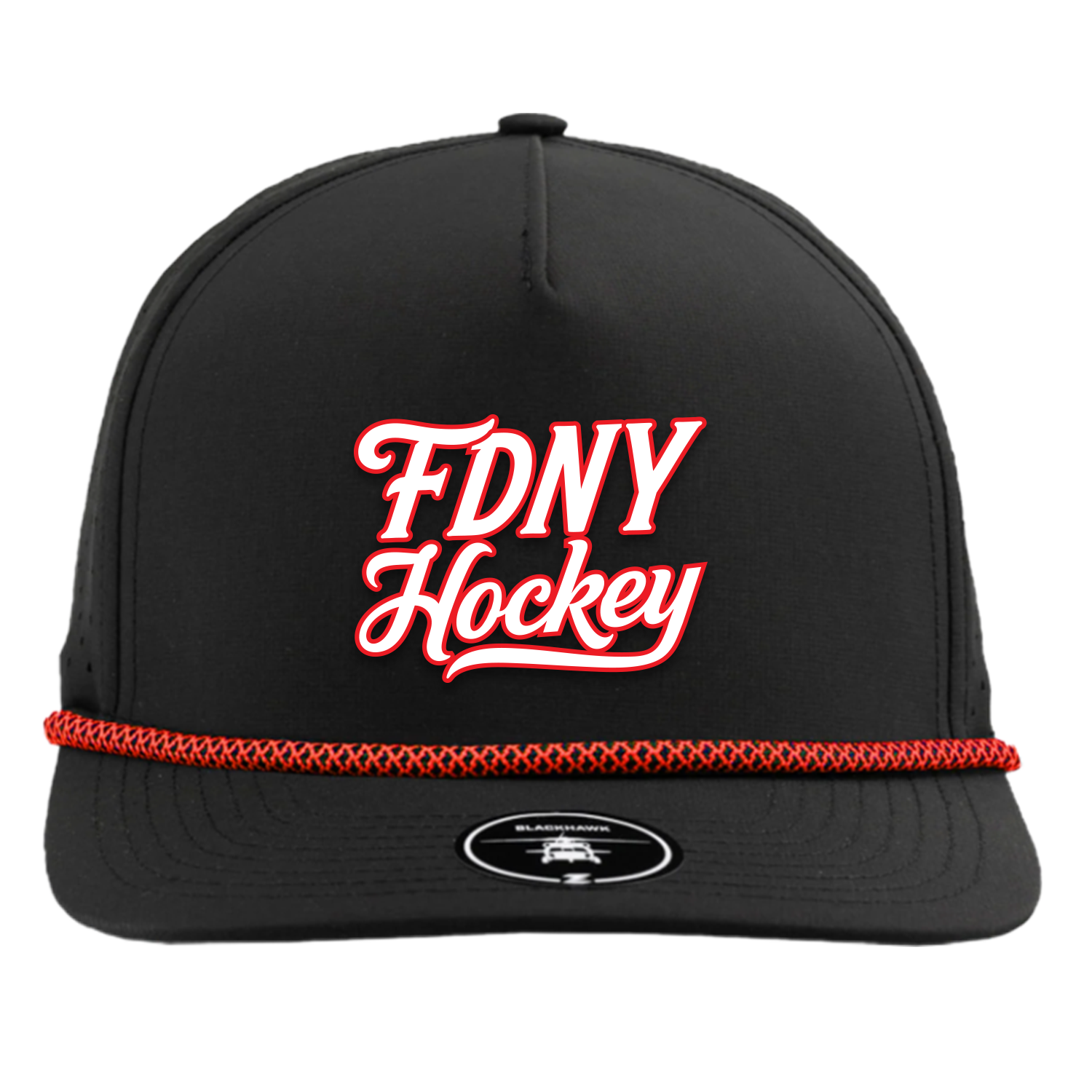 Black Blackhawk R+ White with Red outline Embroidery Black/red rope Hat